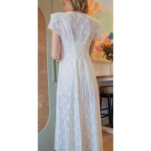 90s Lace Short Sleeve Button Front Ankle Length Dress - Picture 3 of 10